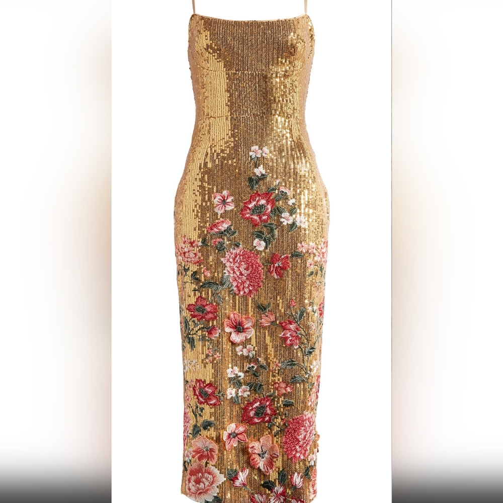 Marchesa Notte Gold Shimmer Midi Dress - only worn once
